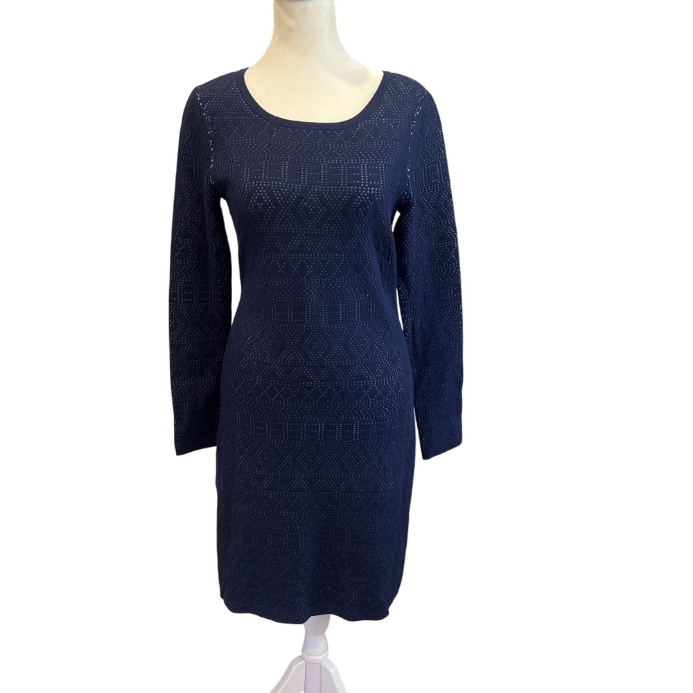 Krimson Klover Navy Blue Geometric Knit Sweater Dress Long Sleeve Scoop Neck